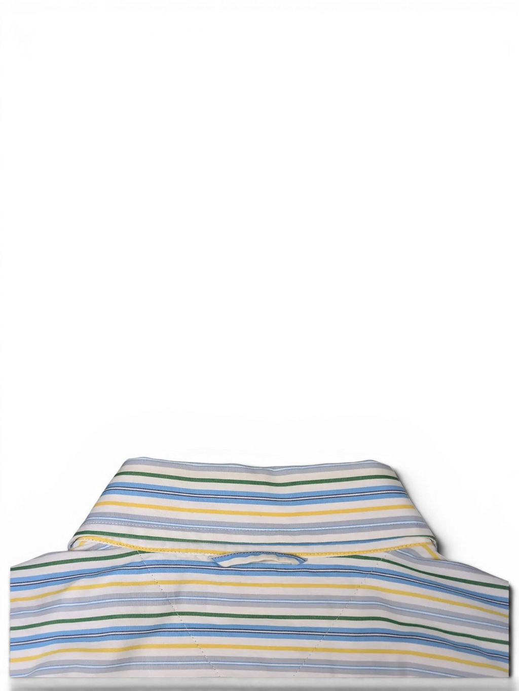 JAKE & IPI Tommy Hilfiger short sleeve button-down shirt featuring a white, blue, green, and yellow vertical stripe.