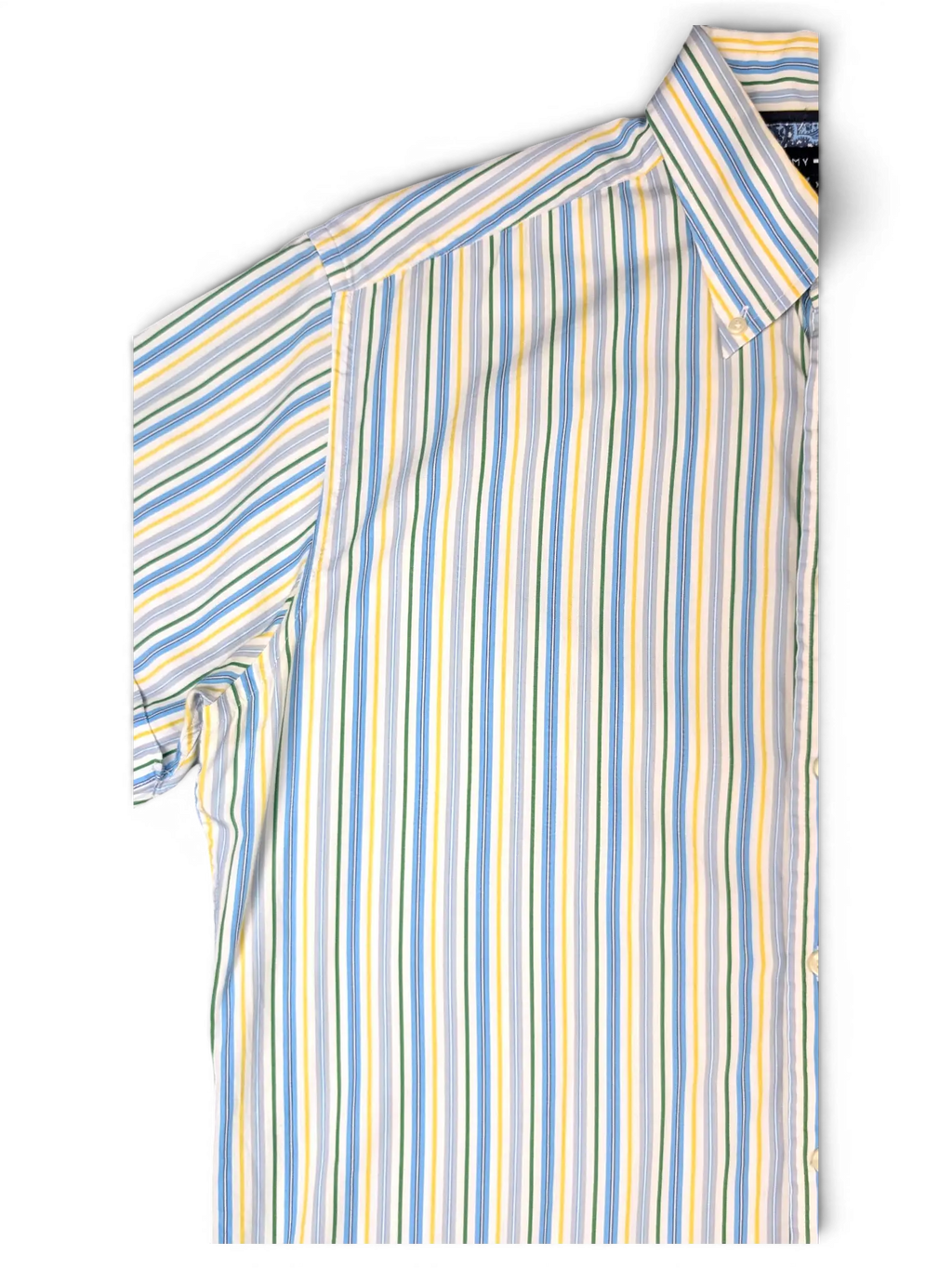 JAKE & IPI pre-owned Tommy Hilfiger short sleeve button-down shirt featuring vertical stripes in blue, green, and yellow