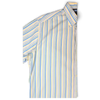 JAKE & IPI pre-owned Tommy Hilfiger short sleeve button-down shirt featuring vertical stripes in blue, green, and yellow