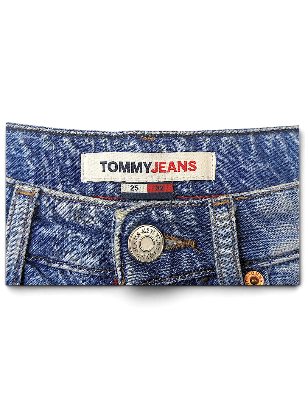 JAKE & IPI Tommy Jeans denim pants featuring a branded waistband label and metal button with size 25 by 32