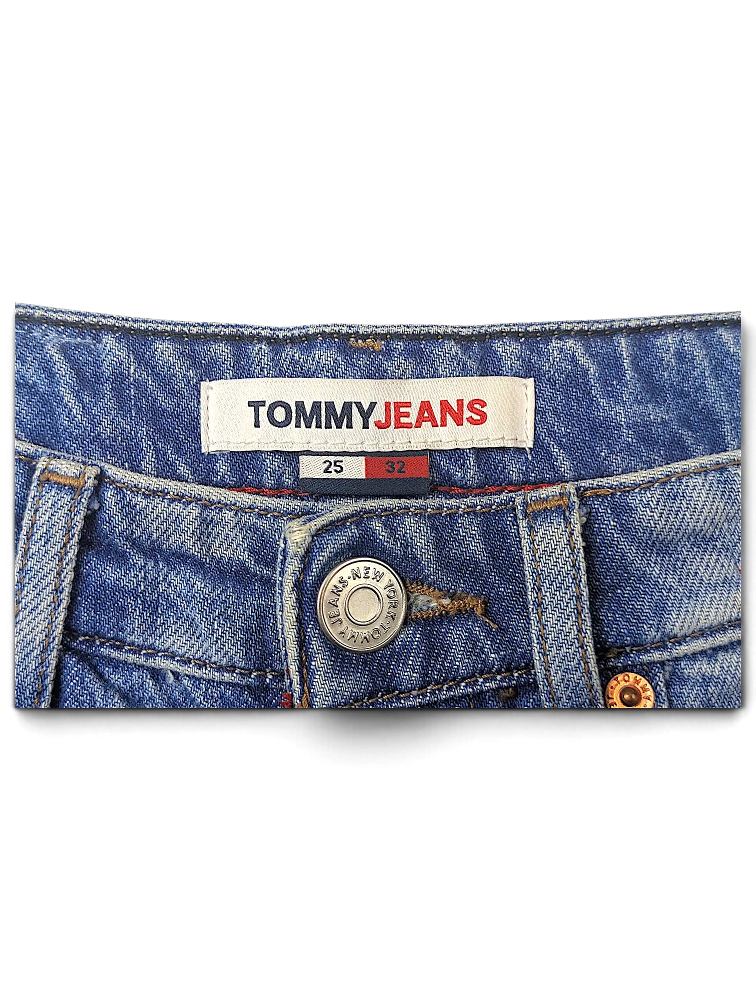 JAKE & IPI Tommy Jeans denim pants featuring a branded waistband label and metal button with size 25 by 32