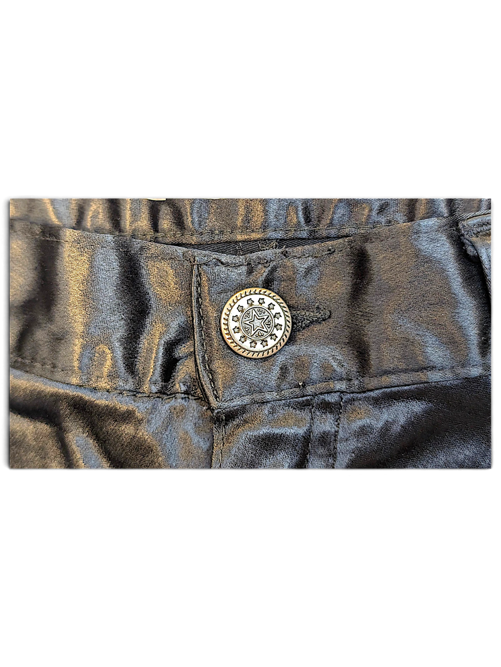 JAKE & IPI USCT black straight-leg trousers featuring a detailed silver star button and glossy fabric finish