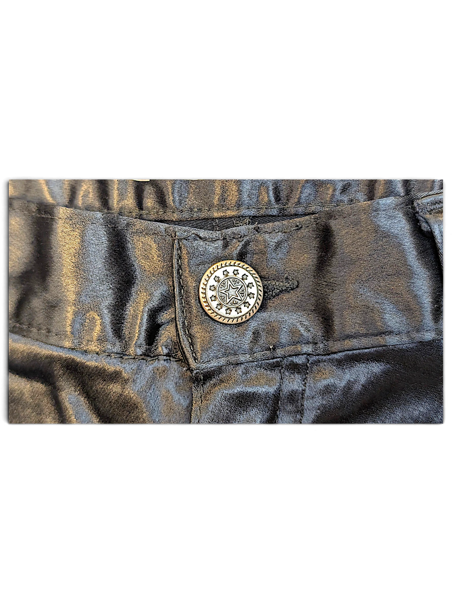 JAKE & IPI USCT black straight-leg trousers featuring a detailed silver star button and glossy fabric finish