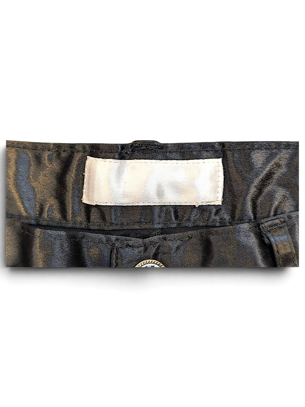 JAKE & IPI USCT black straight-leg trousers featuring a glossy finish and a blank interior brand label