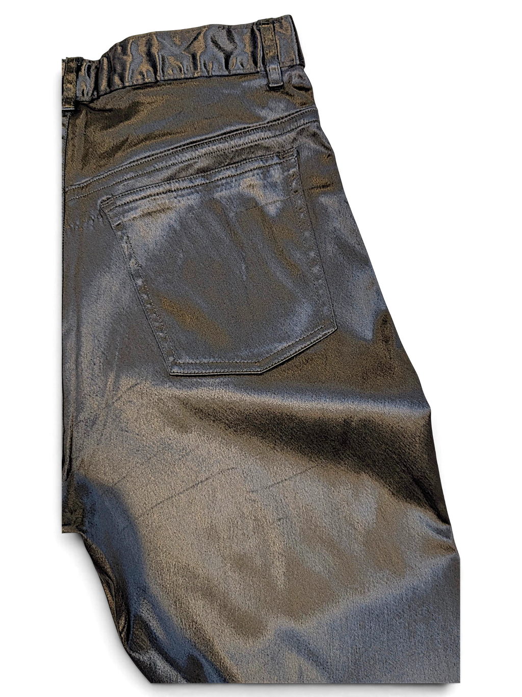 JAKE & IPI USCT pre-owned black straight-leg trousers with a glossy finish and back pocket detail.