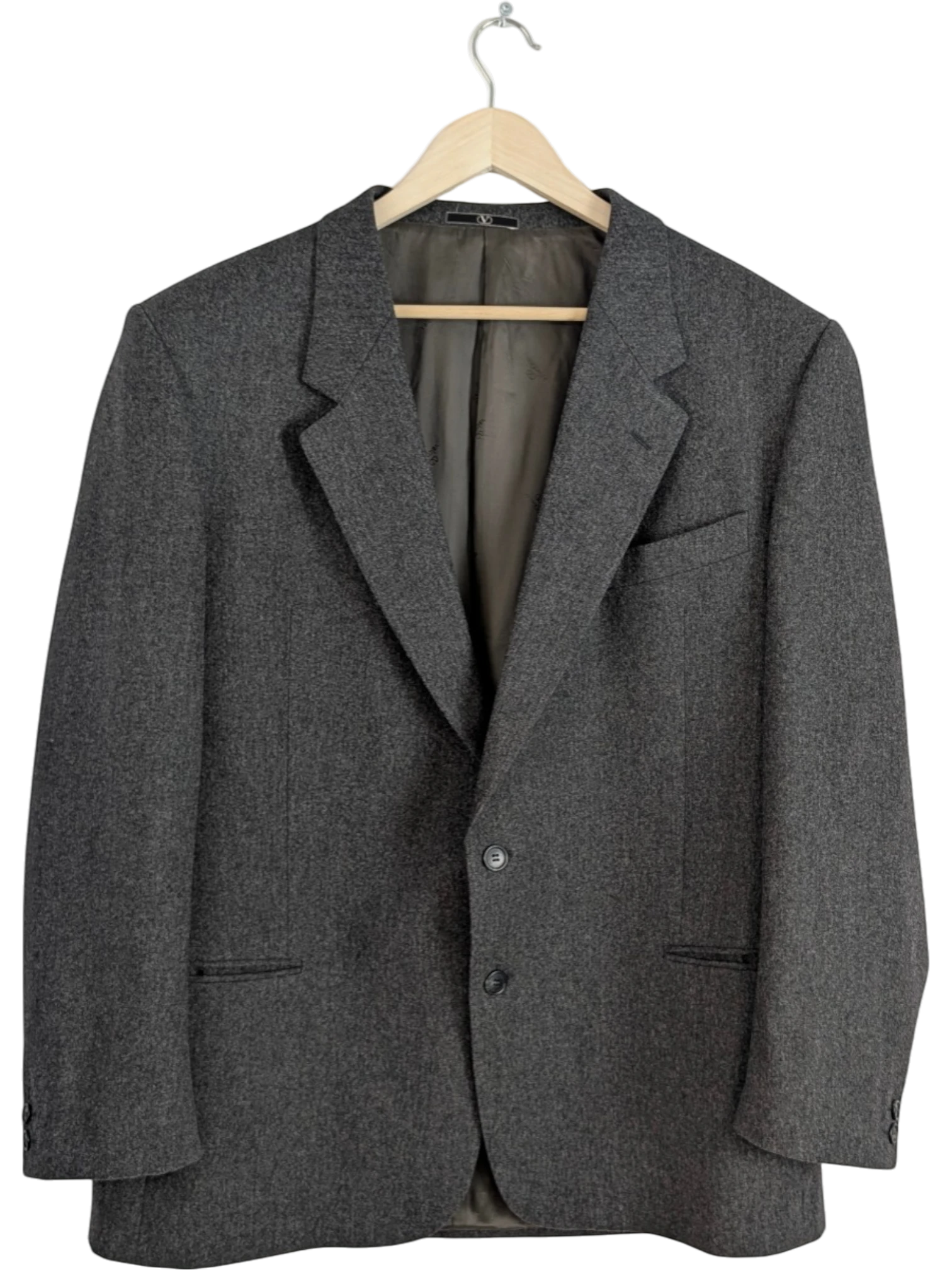 JAKE & IPI Vintage Valentino Uomo grey wool blazer with notched lapel and two-button closure. Made in Italy.