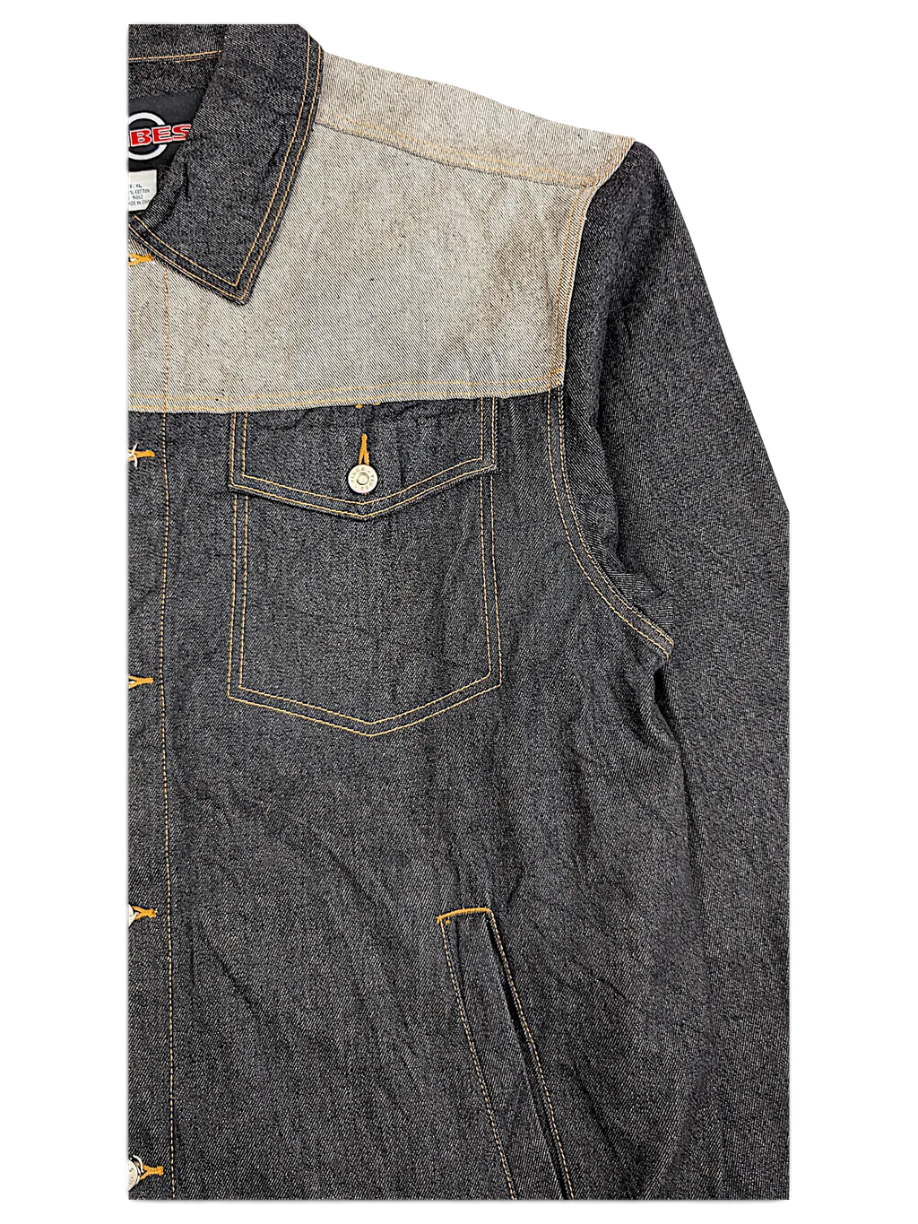 JAKE & IPI VIBES denim jacket featuring a dark grey body with a contrasting light grey shoulder panel and stitching.