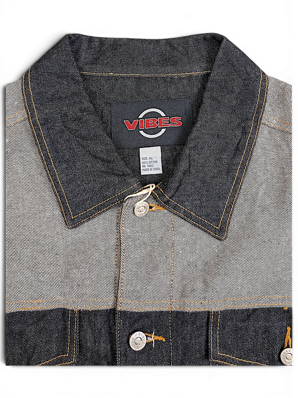 JAKE & IPI VIBES denim jacket featuring a two-tone dark and light blue cotton design with contrast stitching