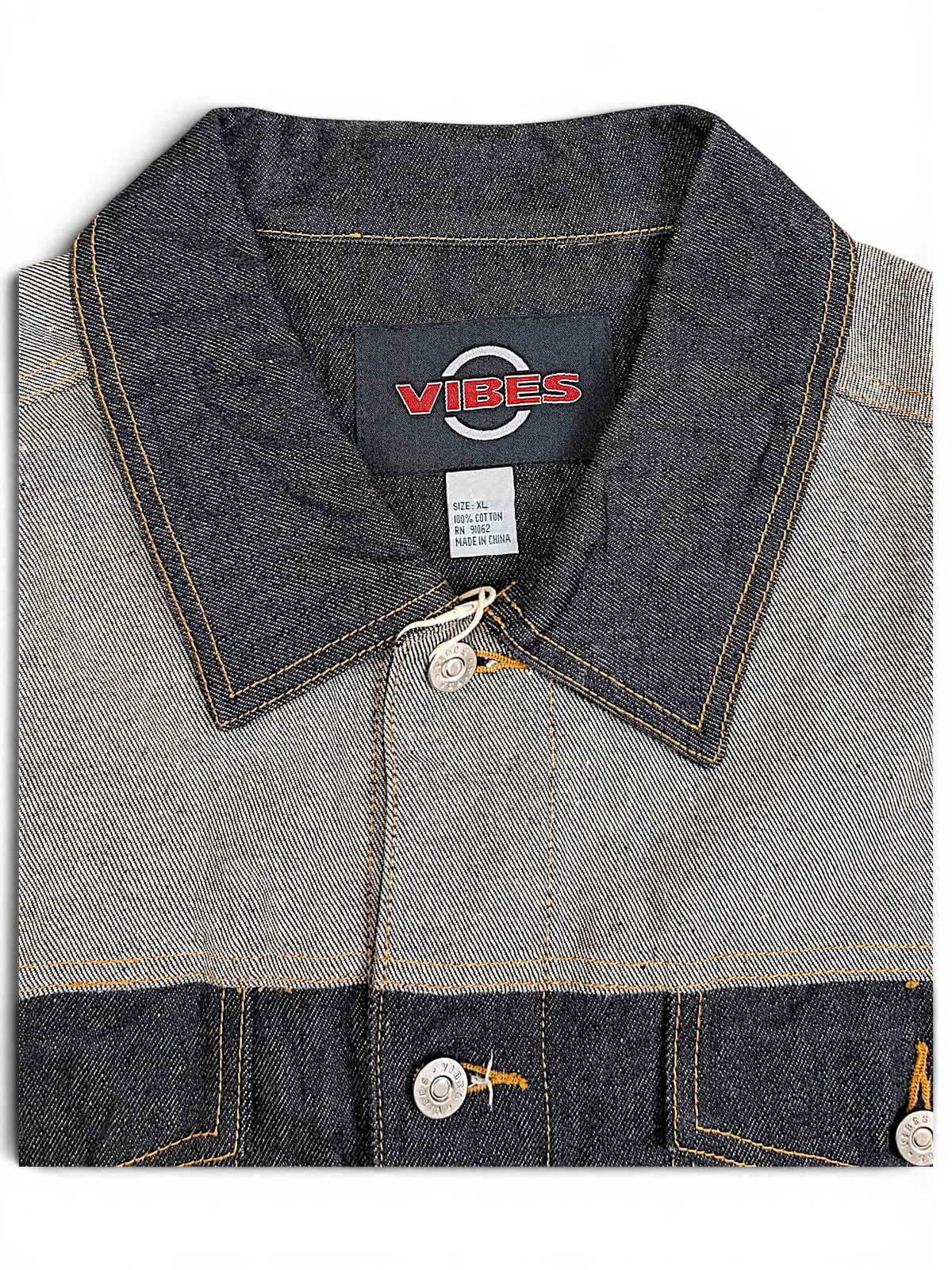 JAKE & IPI VIBES denim jacket featuring a two-tone dark and light blue cotton design with contrast stitching