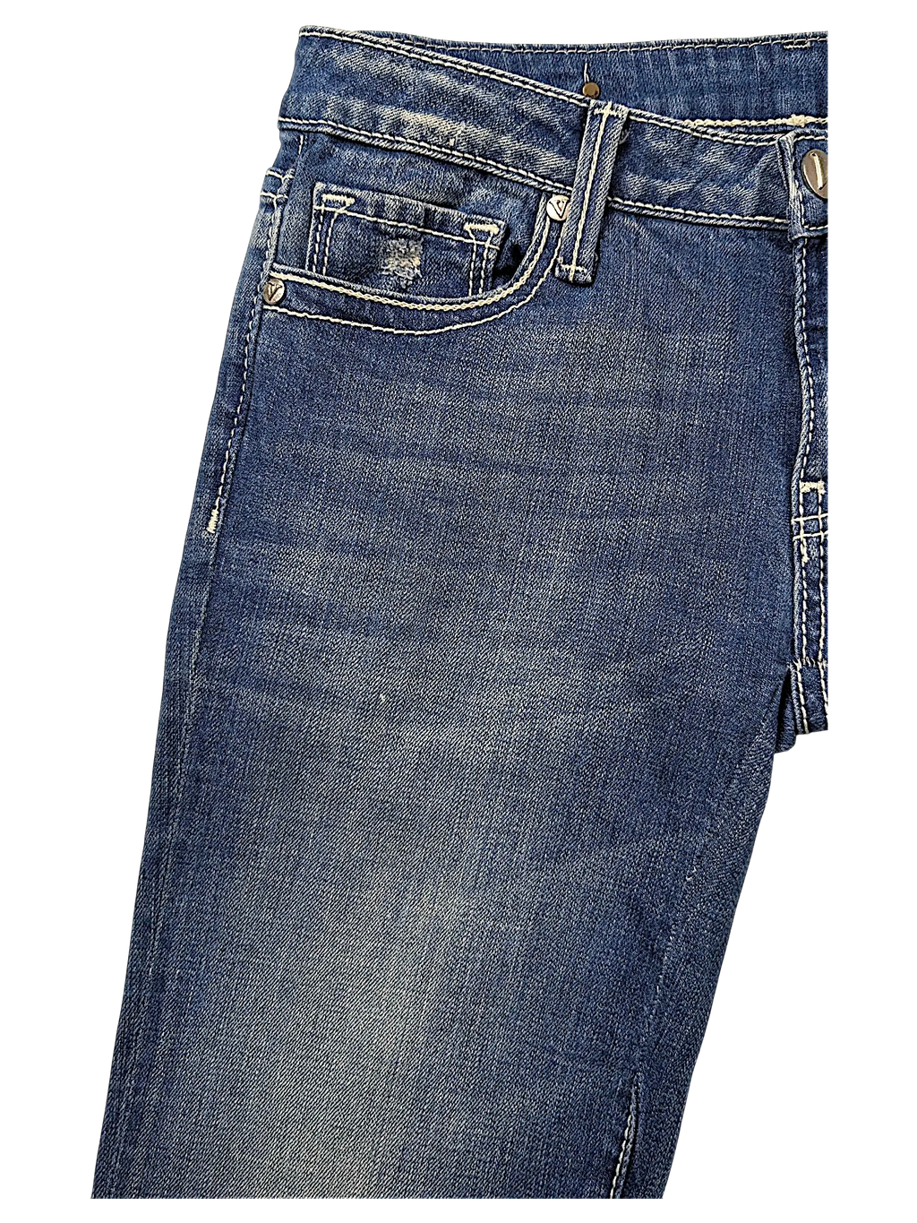 JAKE & IPI Vigoss blue denim flare jeans with distressed coin pocket and contrast stitching