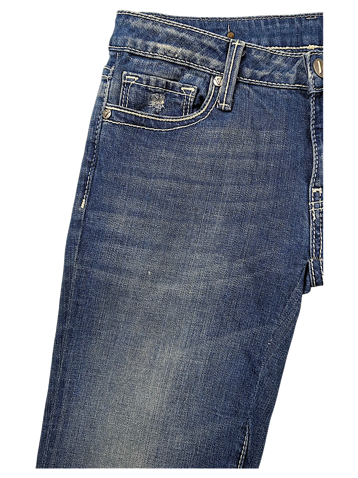 JAKE & IPI Vigoss blue denim flare jeans with distressed coin pocket and contrast stitching