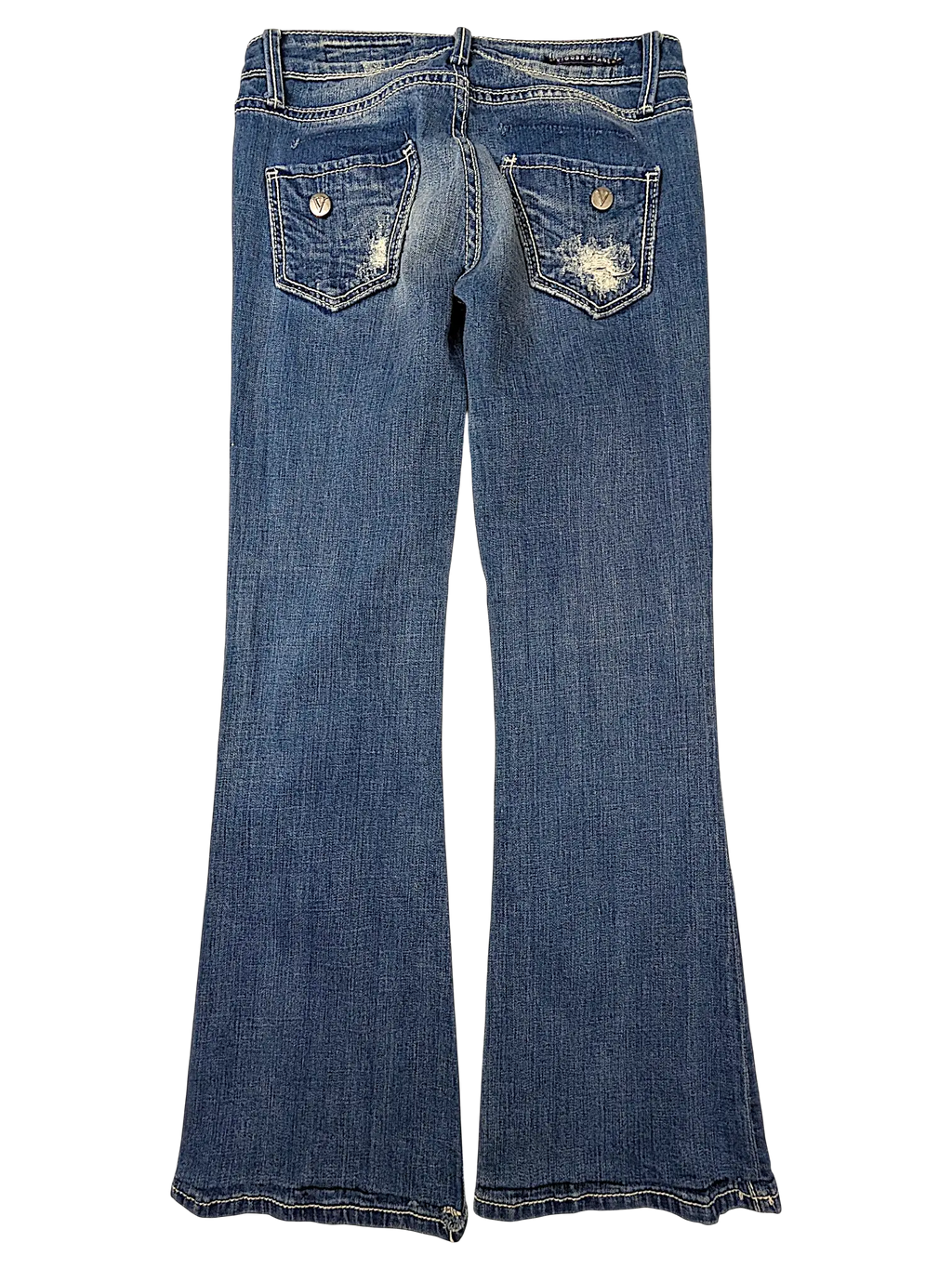 JAKE & IPI Vigoss flare jeans in medium wash denim with distressed back pockets and silver button detailing