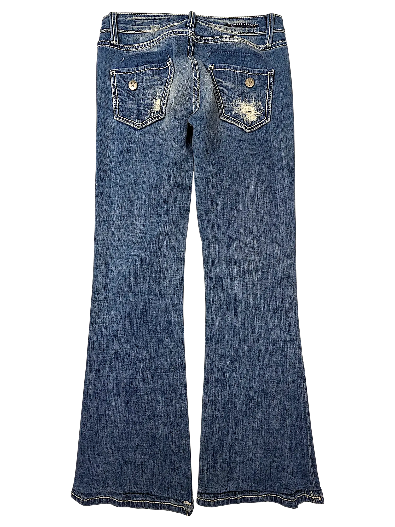JAKE & IPI Vigoss flare jeans in medium wash denim with distressed back pockets and silver button detailing