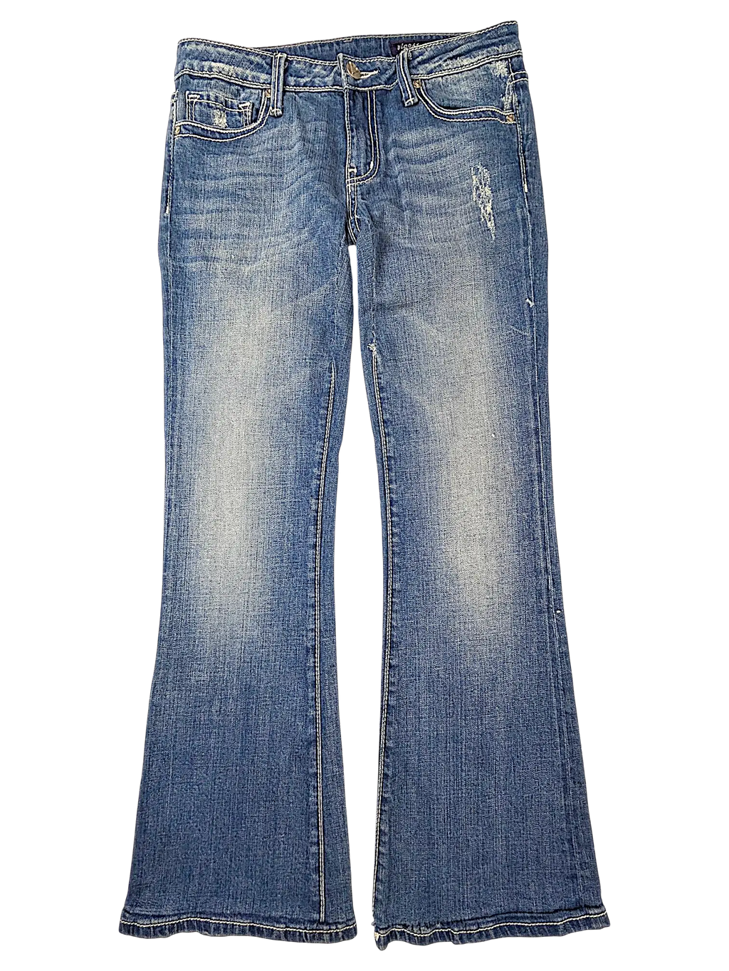 JAKE & IPI Vigoss flare jeans in medium wash denim with distressed detailing and contrast stitching