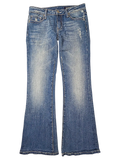 JAKE & IPI Vigoss flare jeans in medium wash denim with distressed detailing and contrast stitching