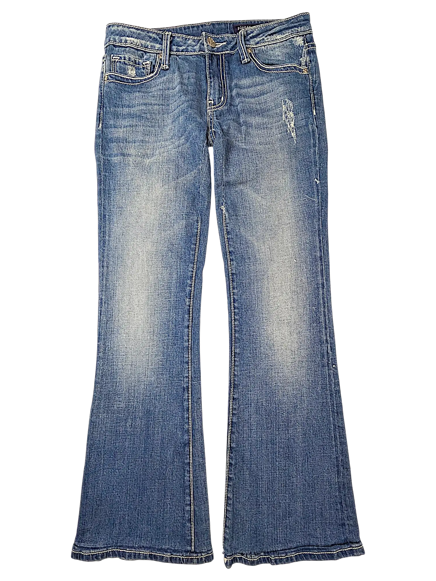 JAKE & IPI Vigoss flare jeans in medium wash denim with distressed detailing and contrast stitching