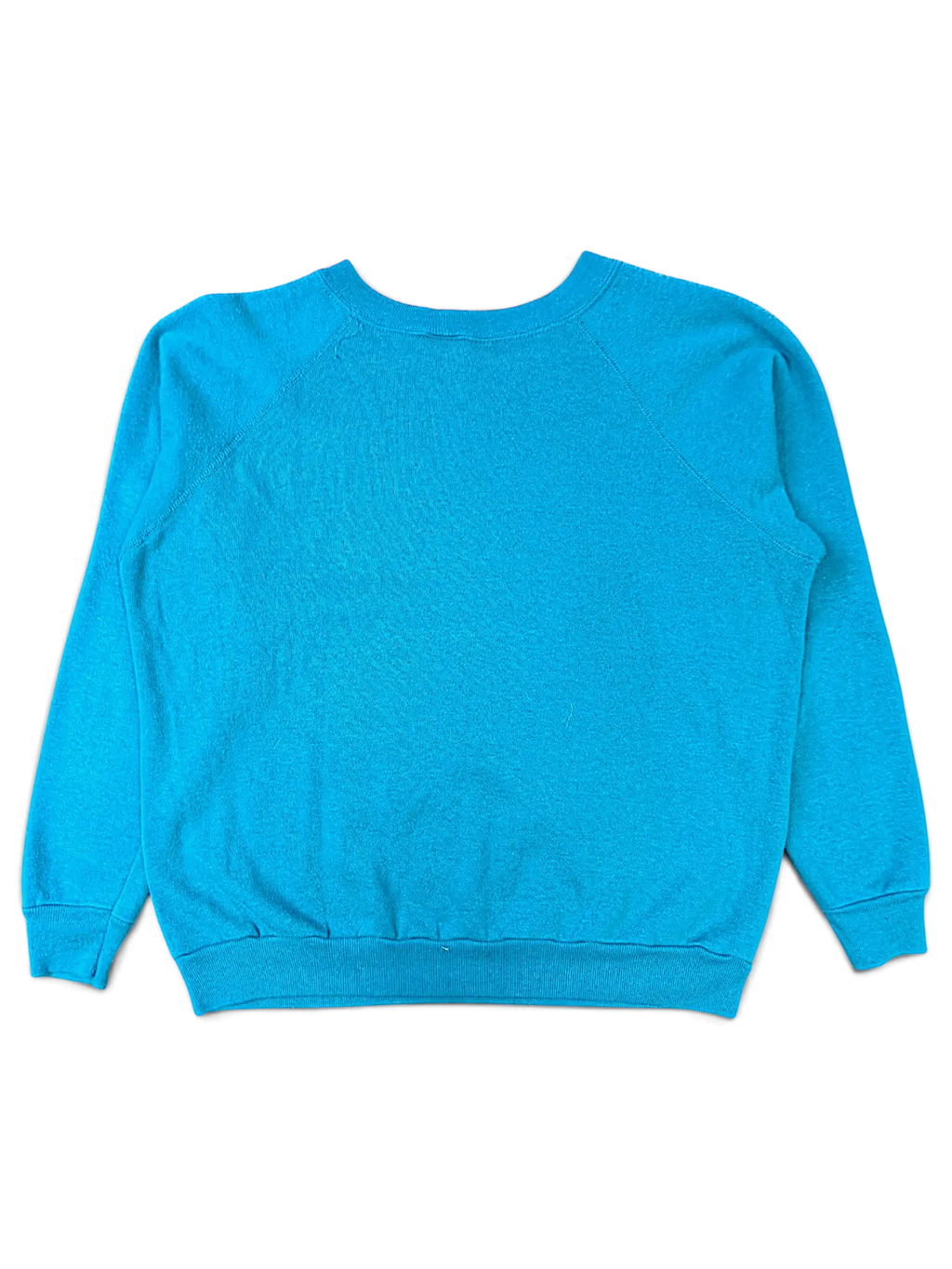 JAKE & IPI vintage bright blue crewneck sweatshirt with long sleeves and ribbed cuffs, back view.