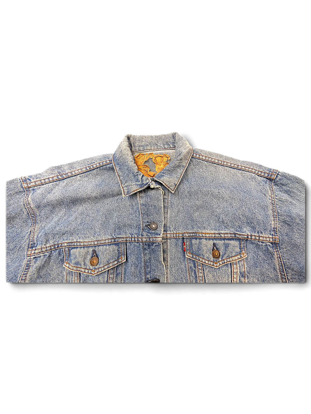JAKE & IPI vintage light wash denim jacket featuring a distressed Levi's neck tag and classic button-up front.