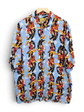 JAKE & IPI vintage 90s light blue Hawaiian aloha shirt with vibrant red and black tropical floral print