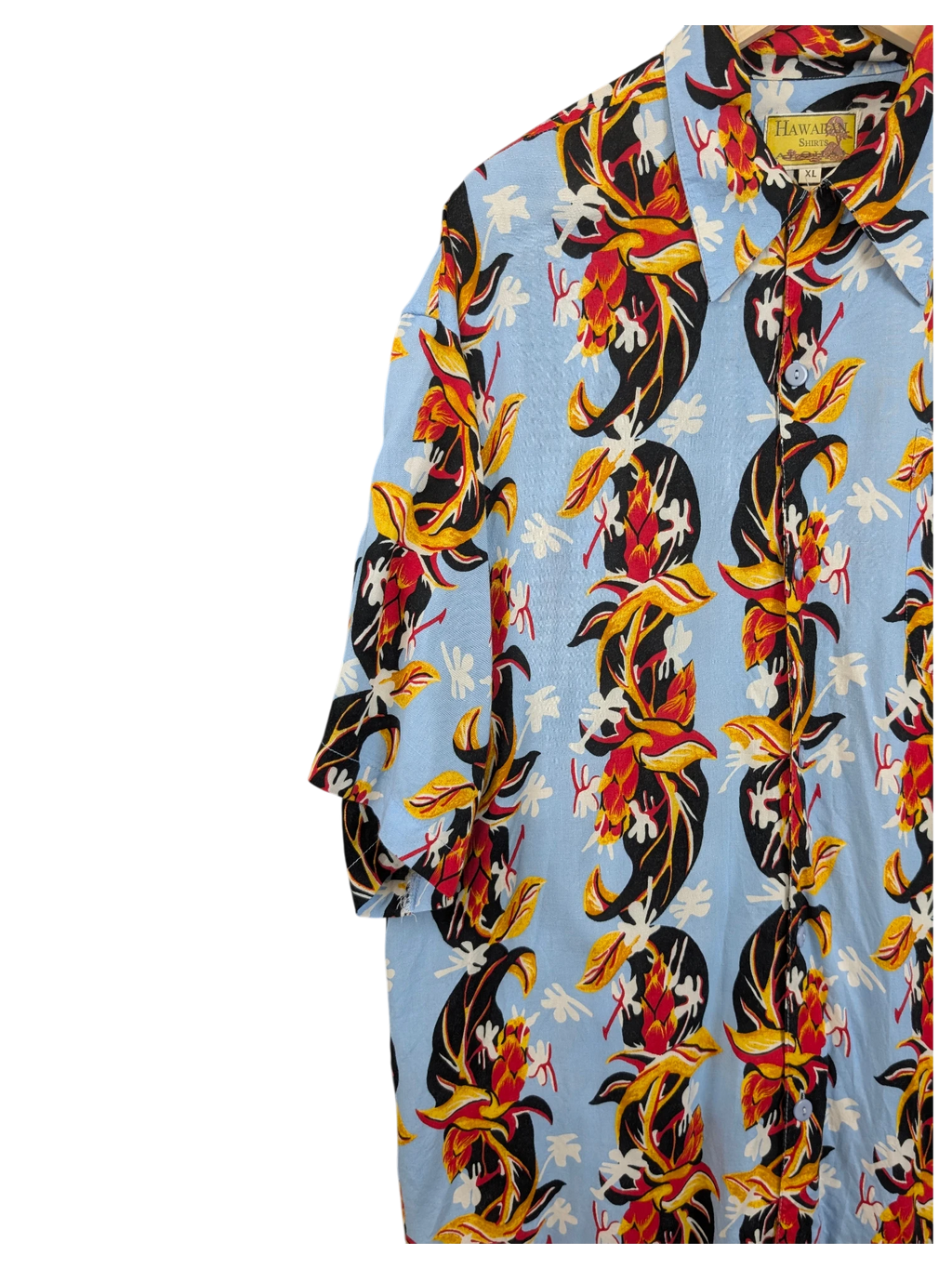 JAKE & IPI vintage 90s light blue Hawaiian shirt with vibrant red and yellow tropical floral print