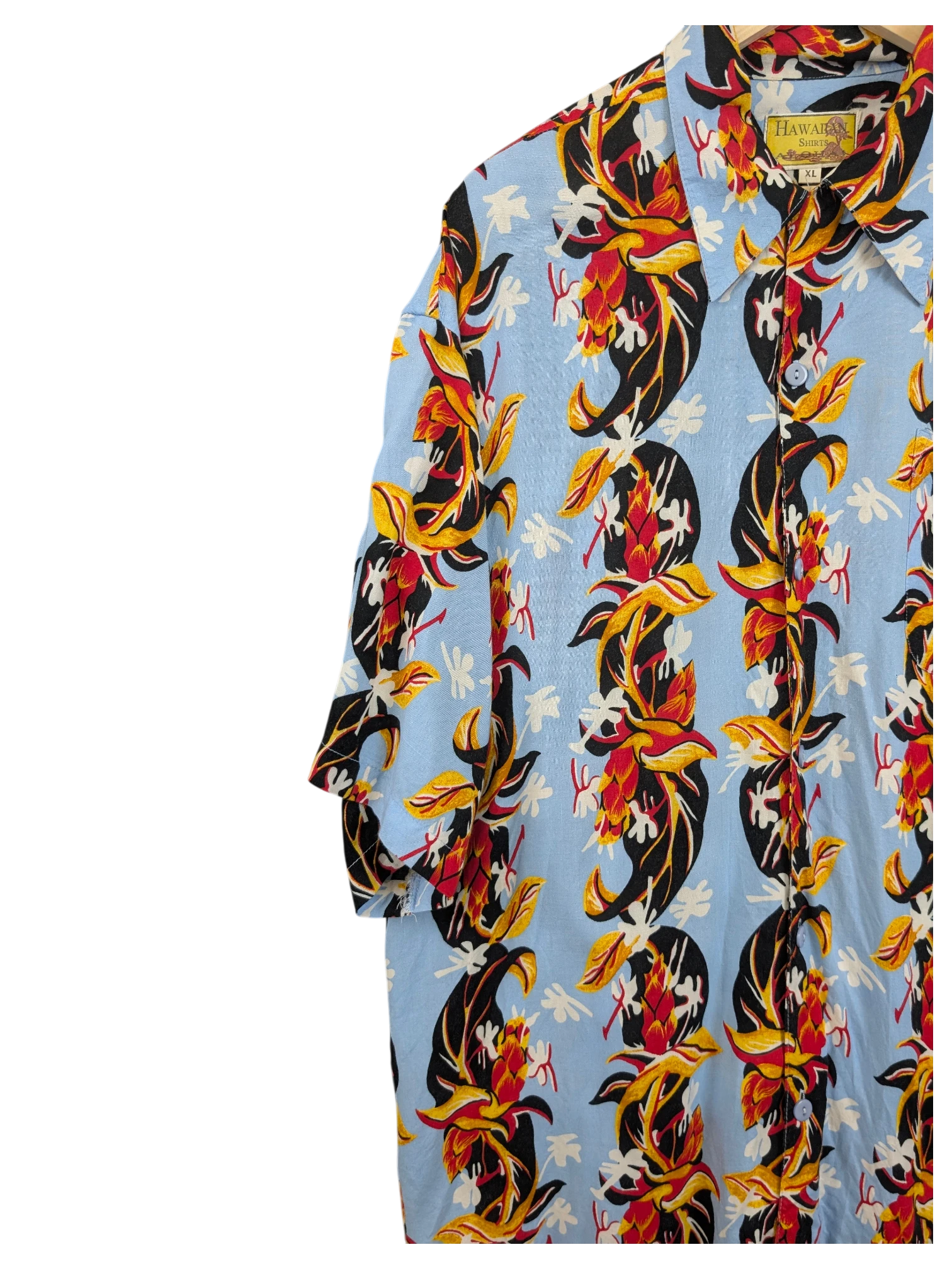 JAKE & IPI vintage 90s light blue Hawaiian shirt with vibrant red and yellow tropical floral print