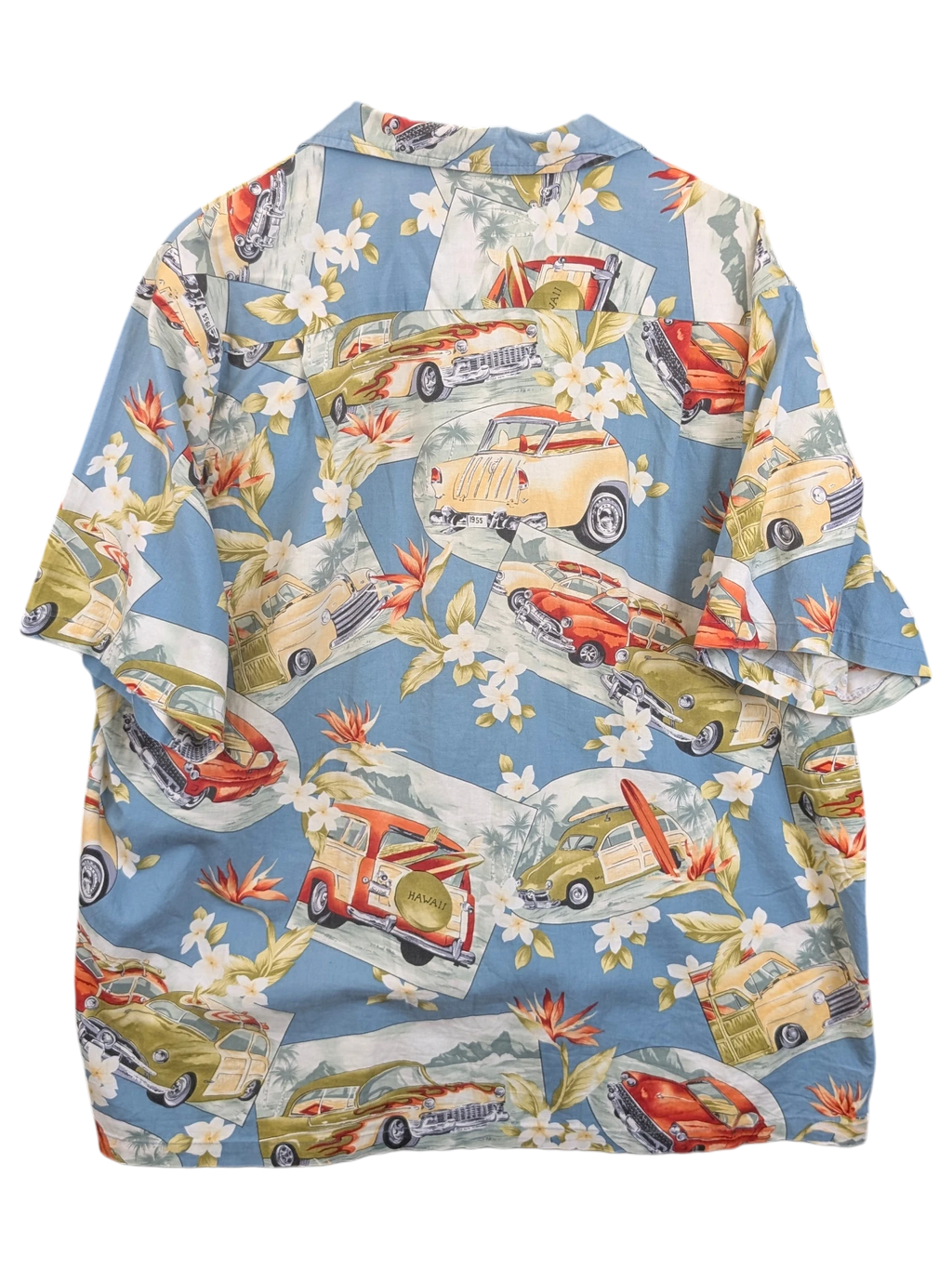 JAKE & IPI vintage RJC Hawaiian shirt in blue with a retro car and floral print, featuring a classic collar.