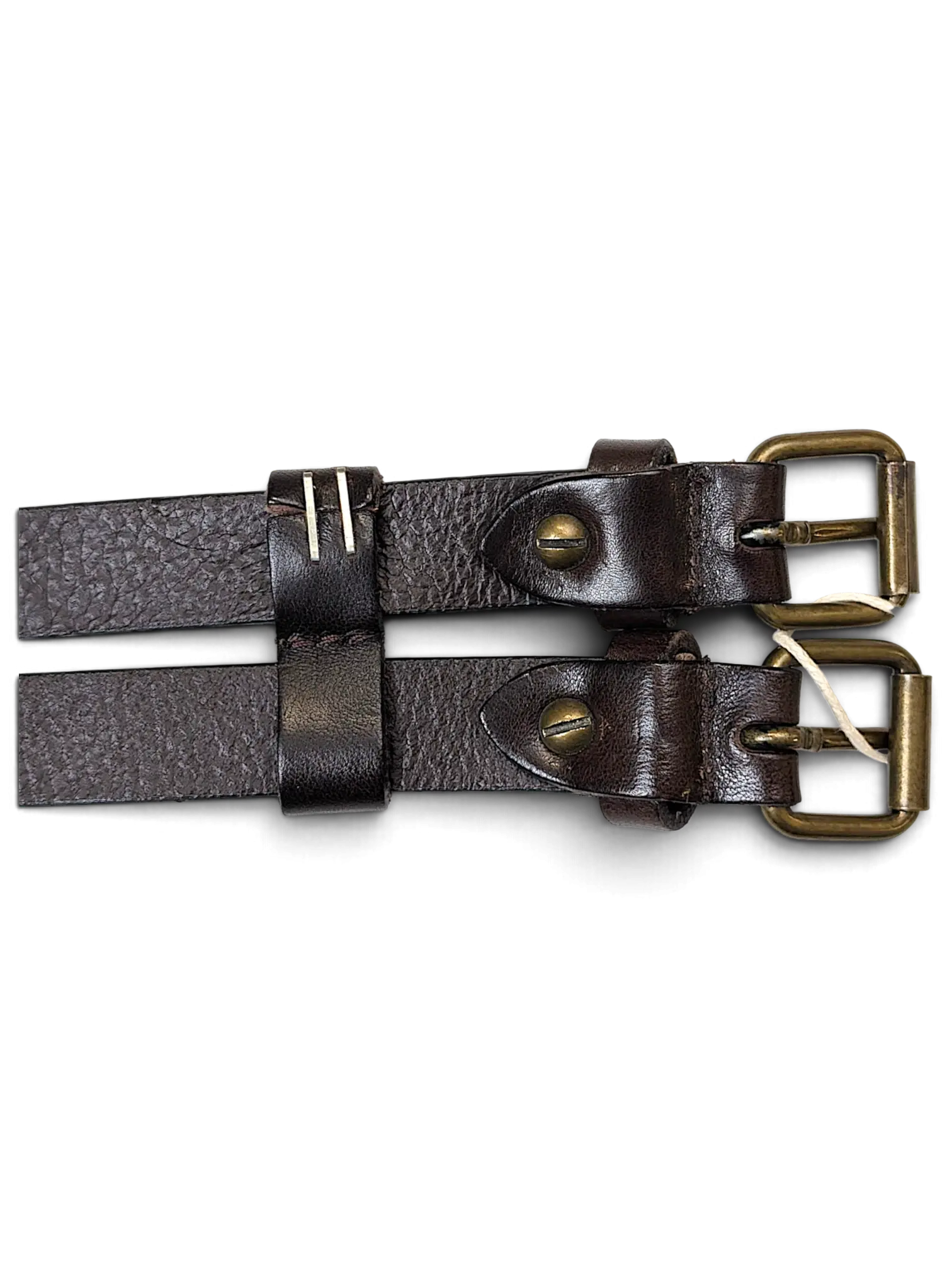 JAKE & IPI Vittozzi double leather belt in dark brown with antique brass buckles and metal rivet details