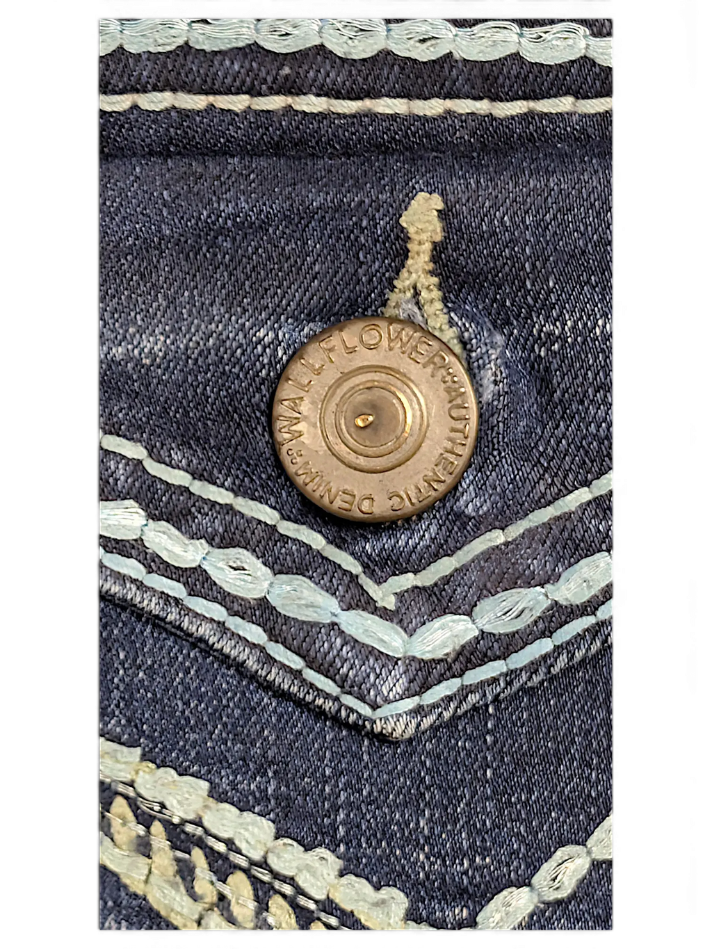 JAKE & IPI Wallflower Plus dark blue denim jeans pocket detail with light blue contrast stitching and metal button