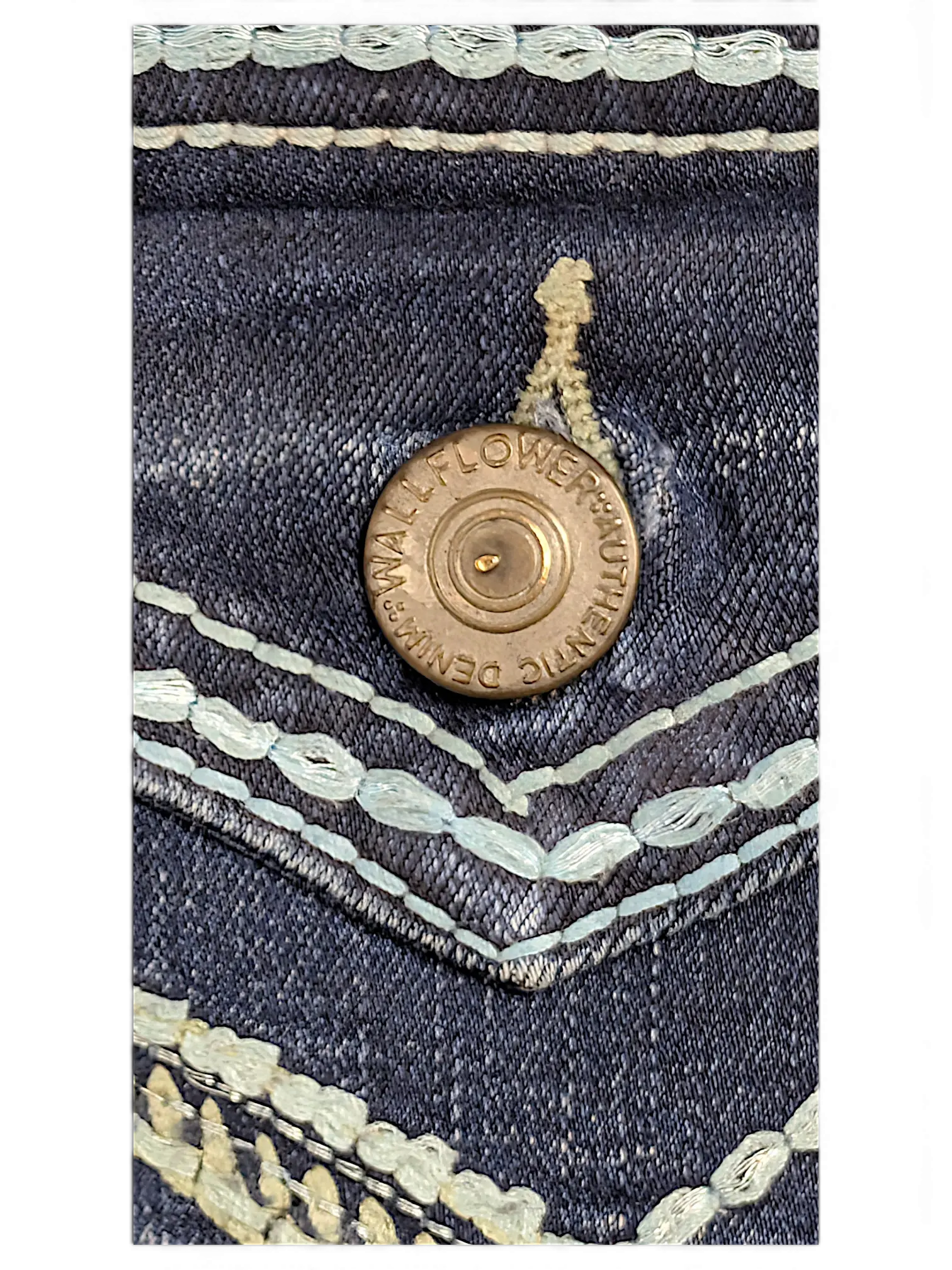 JAKE & IPI Wallflower Plus dark blue denim jeans pocket detail with light blue contrast stitching and metal button