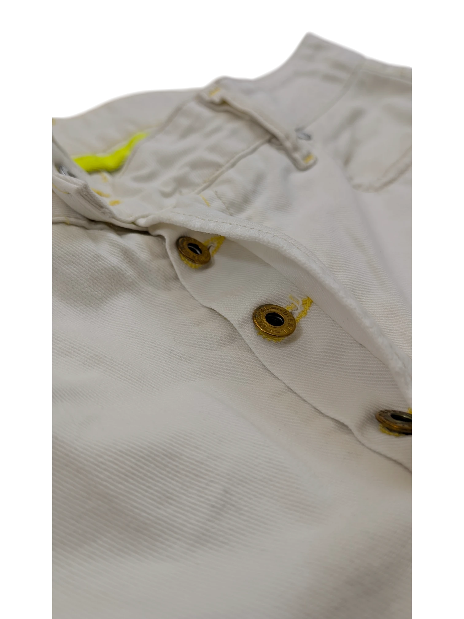 JAKE & IPI white denim jeans with yellow stitching detail and brass button closure. Diesel Rabox W34 L32.