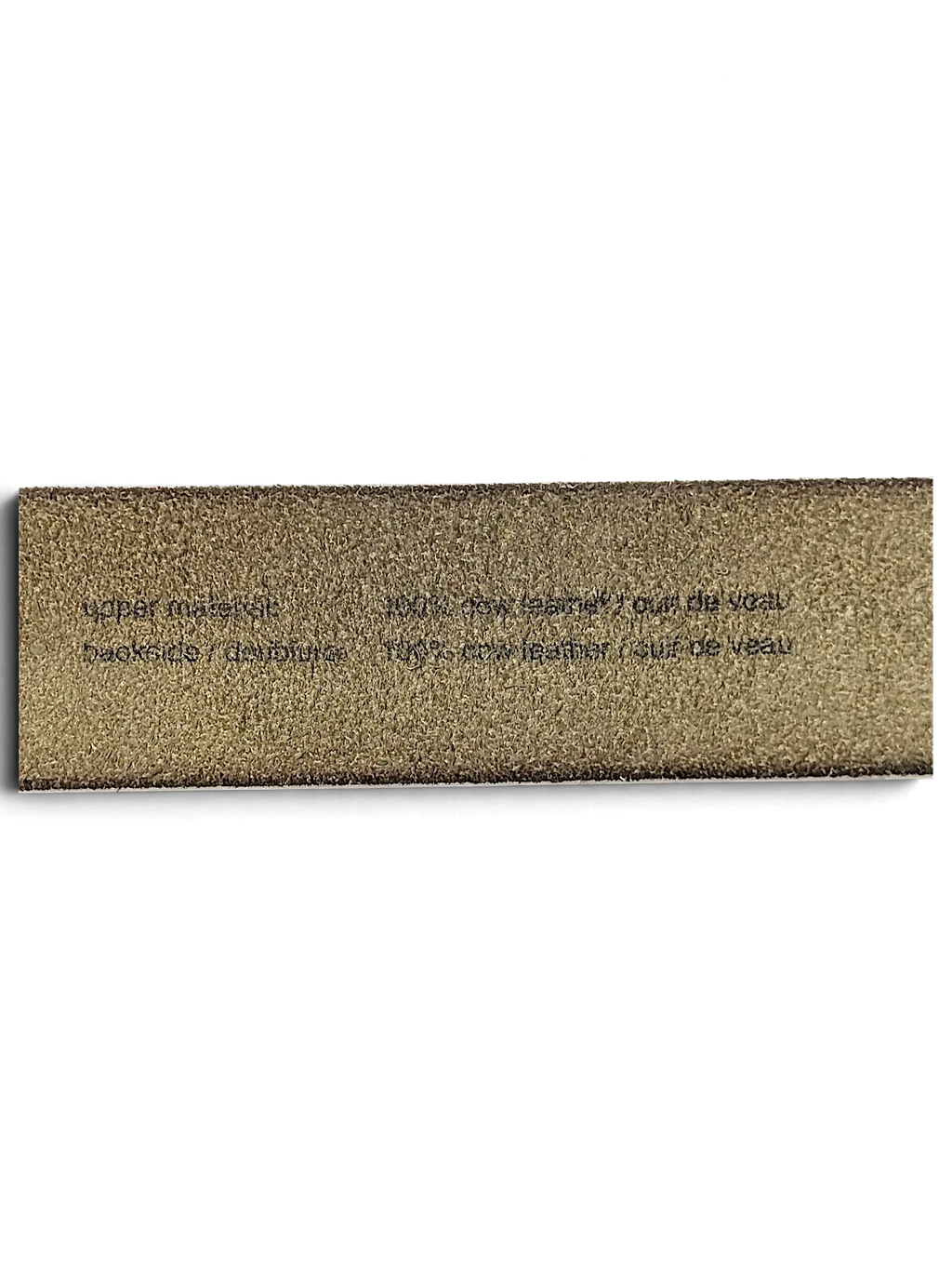 JAKE & IPI Esprit white leather belt material label showing 100 percent cow leather composition