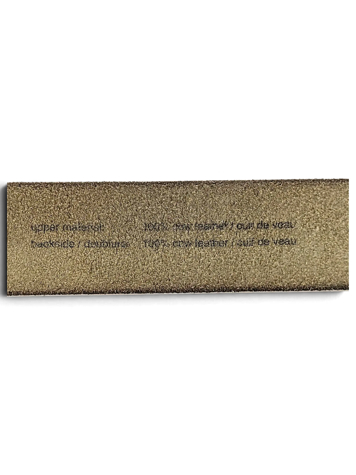 JAKE & IPI Esprit white leather belt material label showing 100 percent cow leather composition