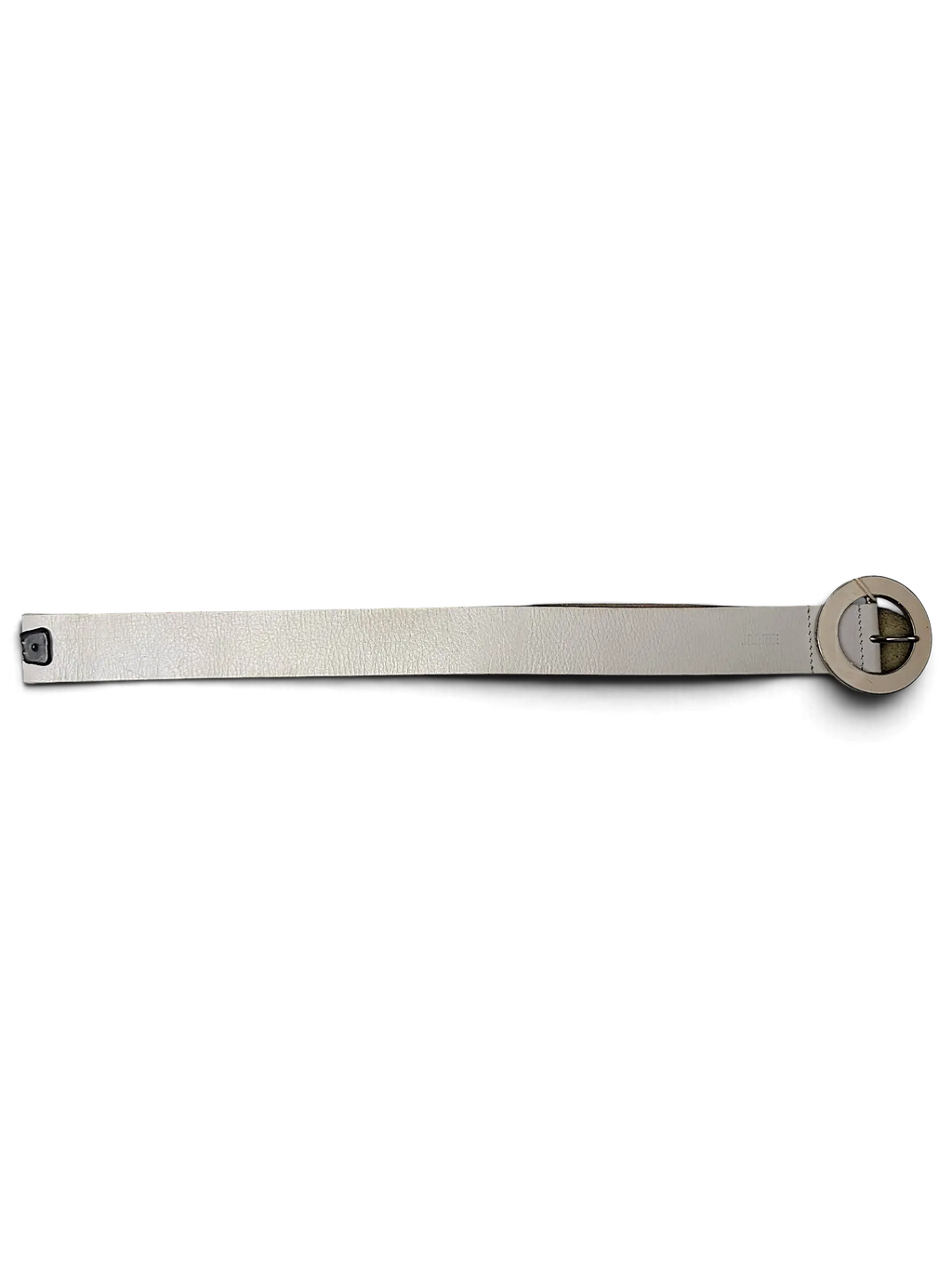 JAKE & IPI Esprit white leather belt with a circular silver-tone buckle and attached product tag