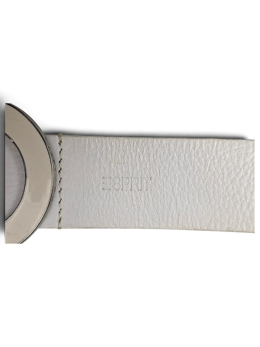 JAKE & IPI white leather belt featuring a circular silver buckle and embossed Esprit logo detail