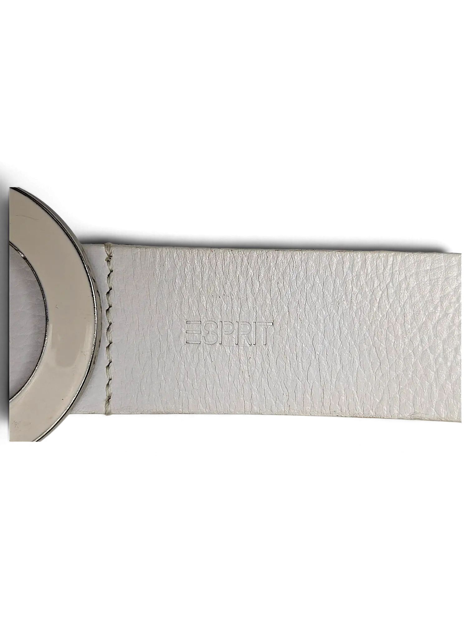 JAKE & IPI white leather belt featuring a circular silver buckle and embossed Esprit logo detail