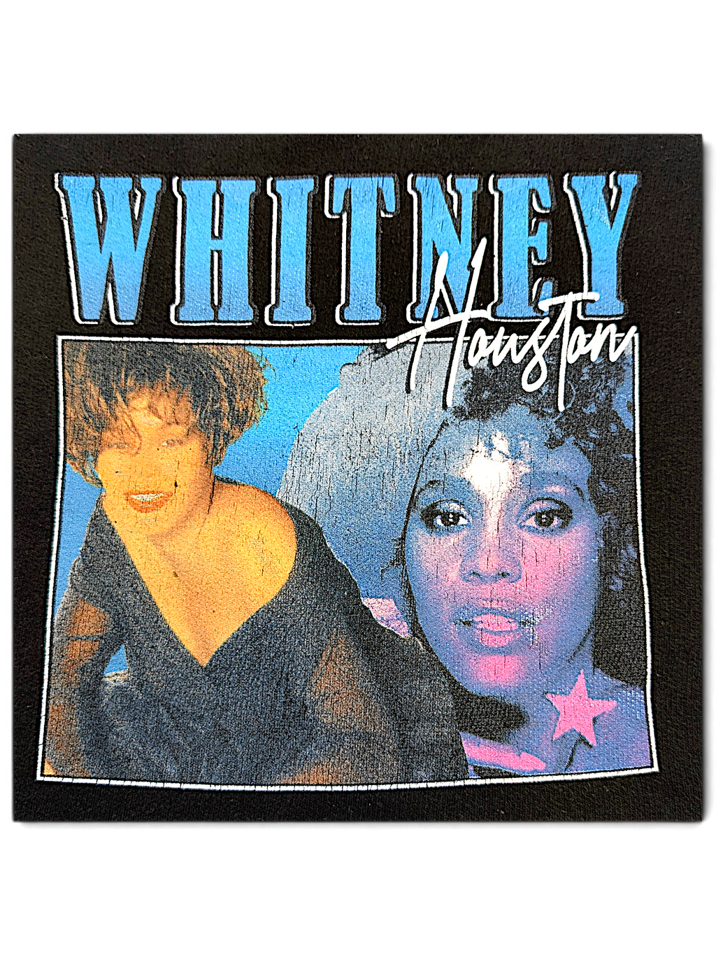 JAKE & IPI black hoodie featuring a graphic print of Whitney Houston with blue and pink vintage-style portraits.