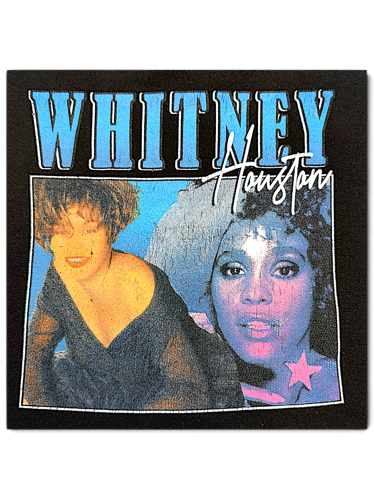 JAKE & IPI black hoodie featuring a graphic print of Whitney Houston with blue and pink vintage-style portraits.