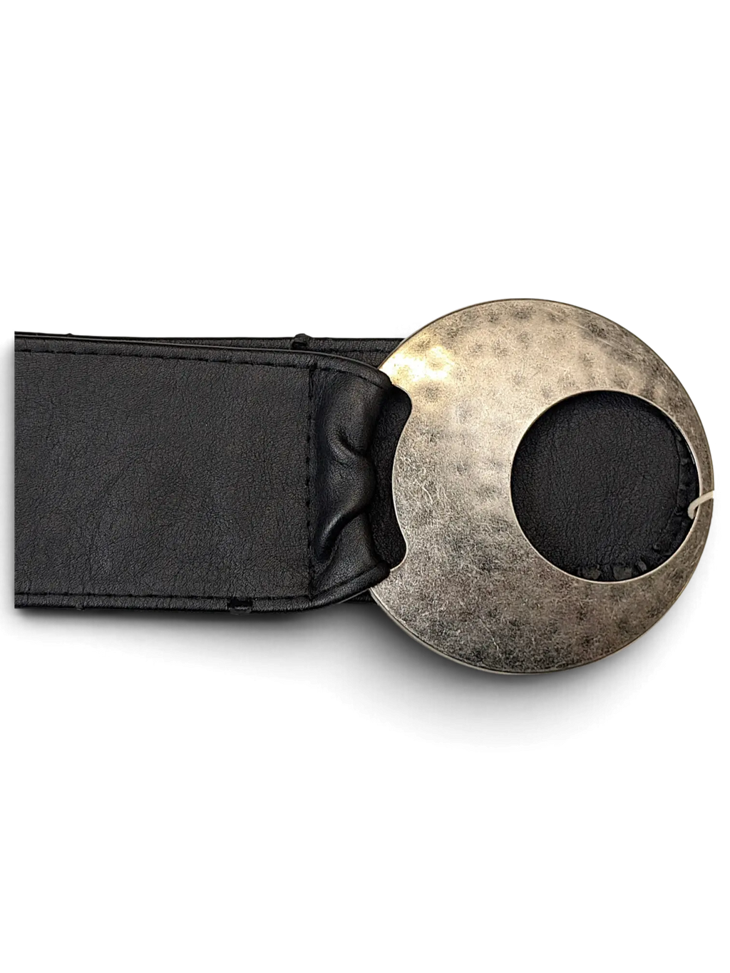 JAKE & IPI wide black faux leather belt featuring a large circular hammered silver-tone metal buckle