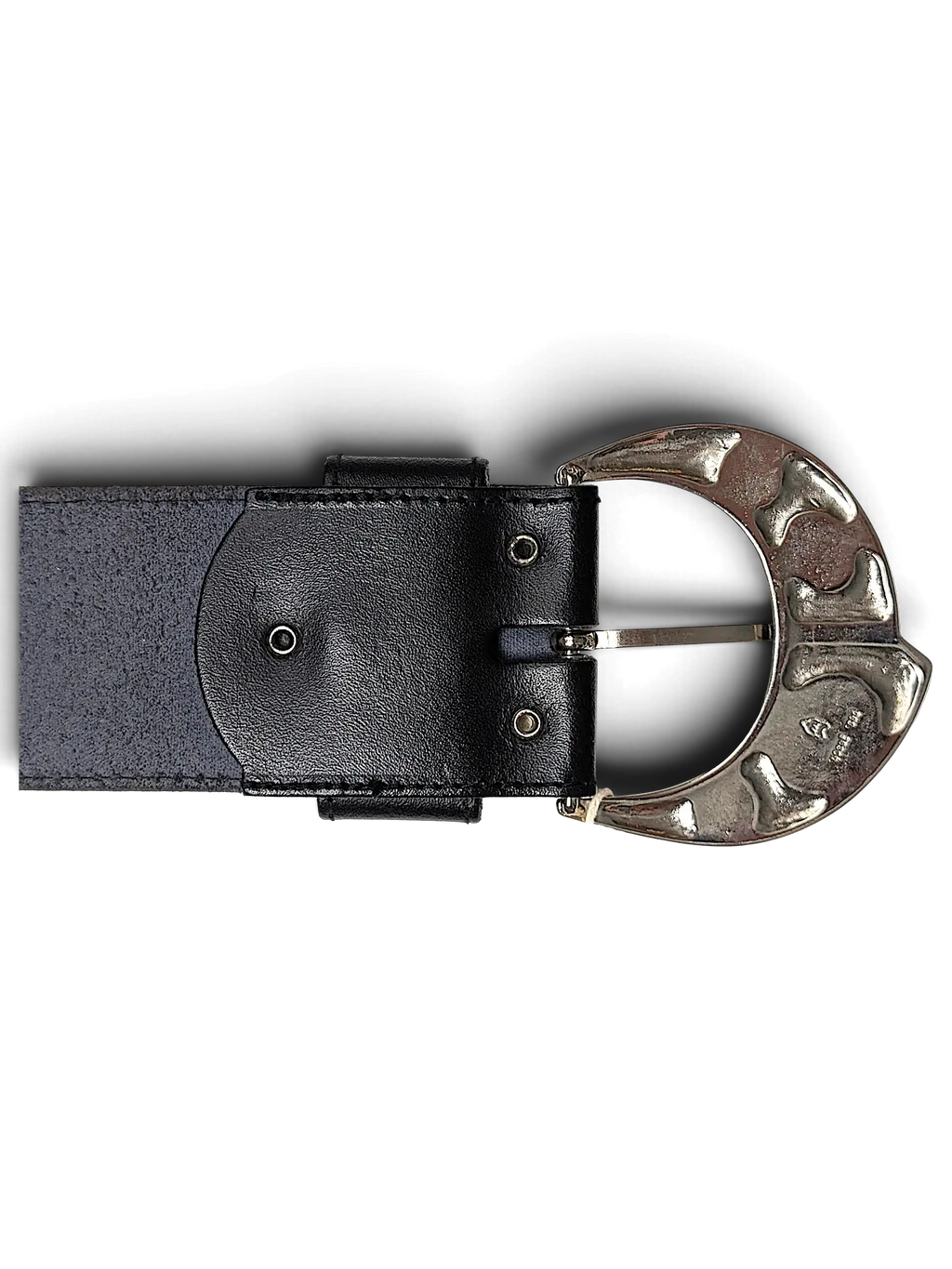JAKE & IPI wide black leather belt featuring a large ornate silver-tone metal buckle with intricate detailing.