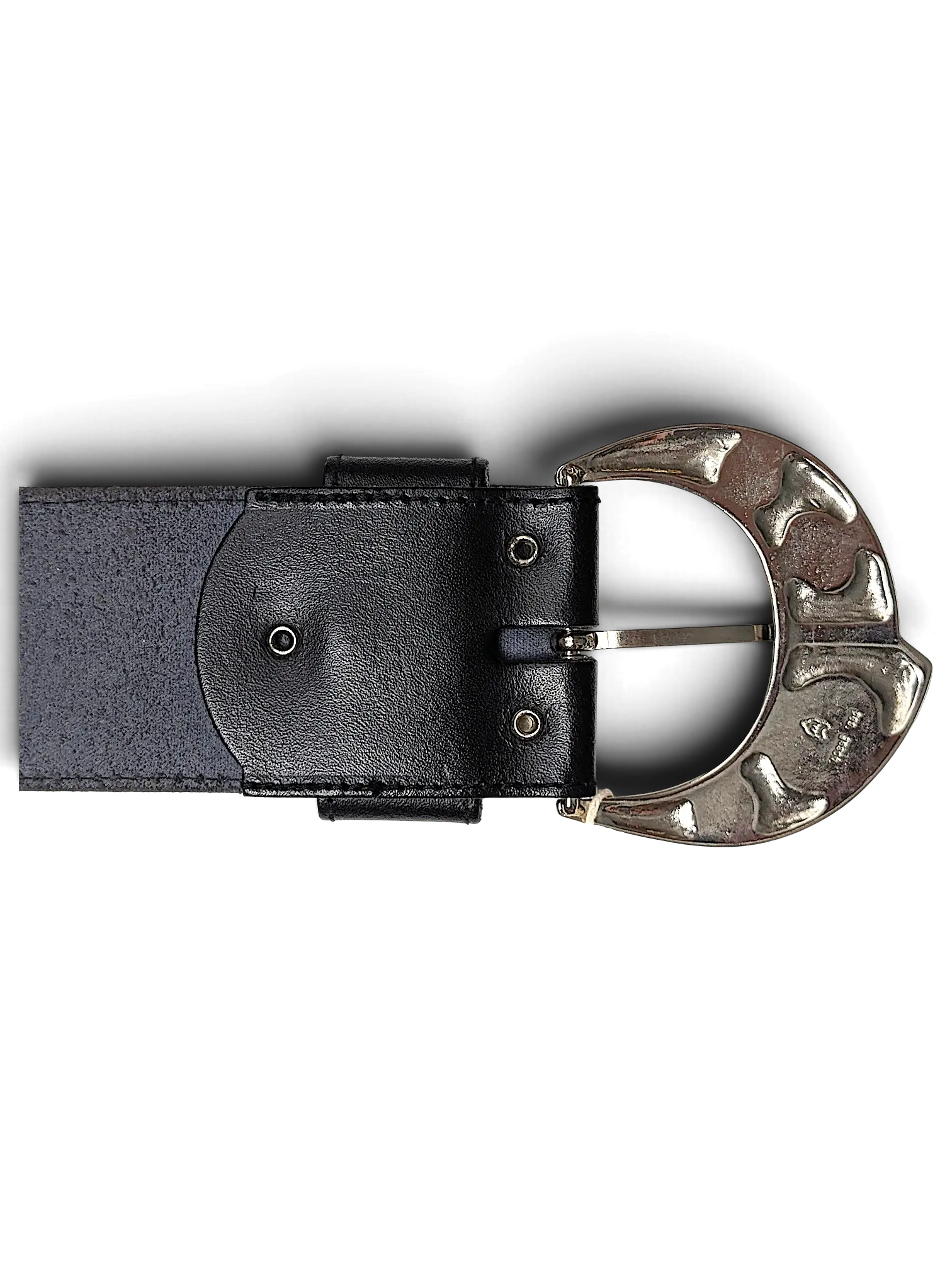 JAKE & IPI wide black leather belt featuring a large ornate silver-tone metal buckle with intricate detailing.