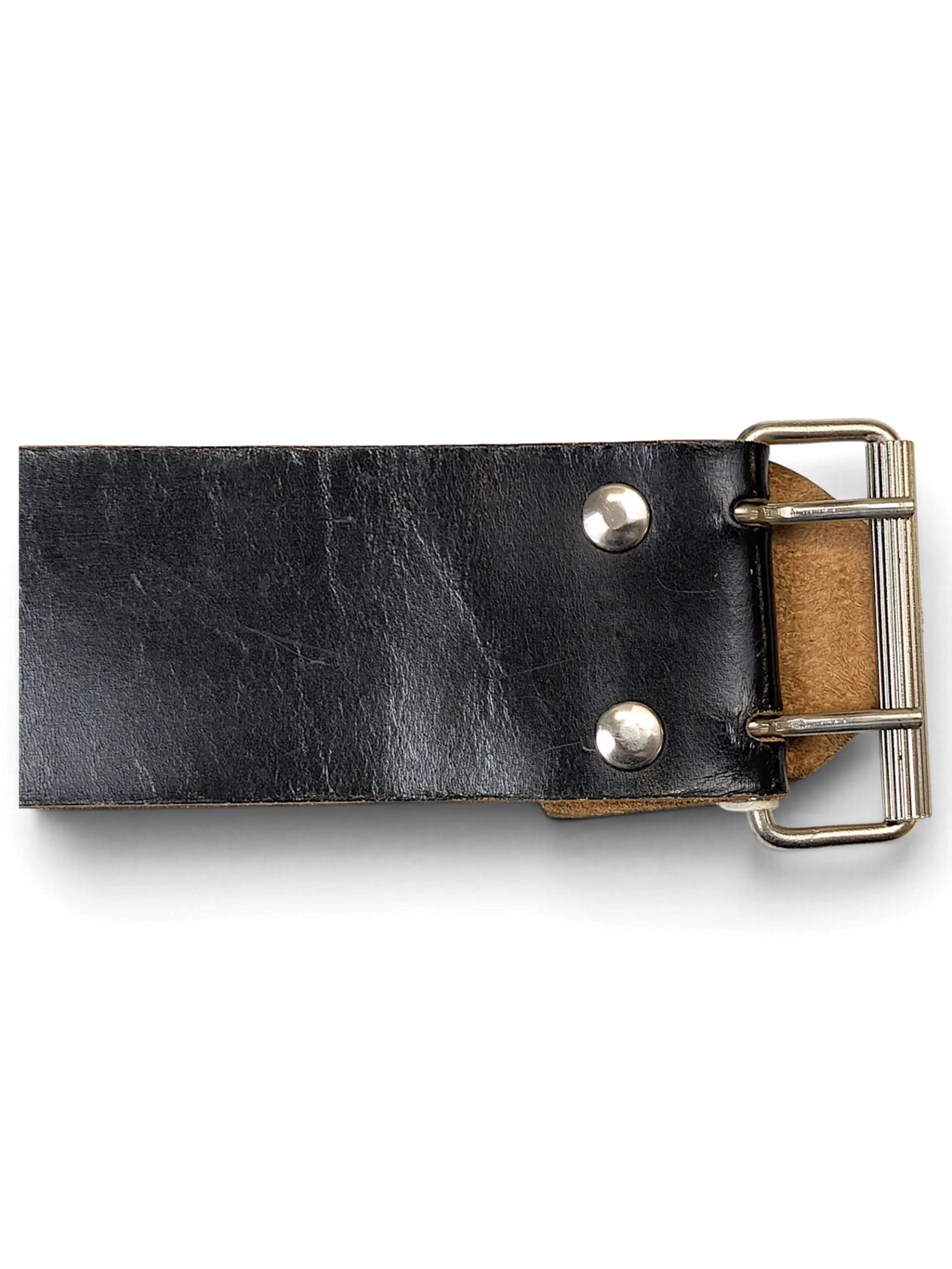 JAKE & IPI wide black leather belt featuring a sturdy silver-toned metal buckle and polished rivet details.