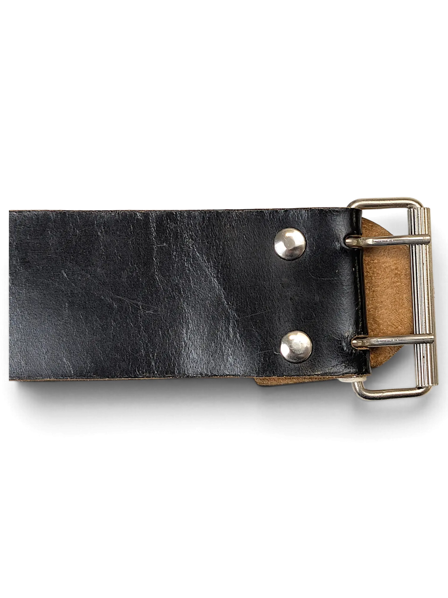 JAKE & IPI wide black leather belt featuring a sturdy silver-toned metal buckle and polished rivet details.