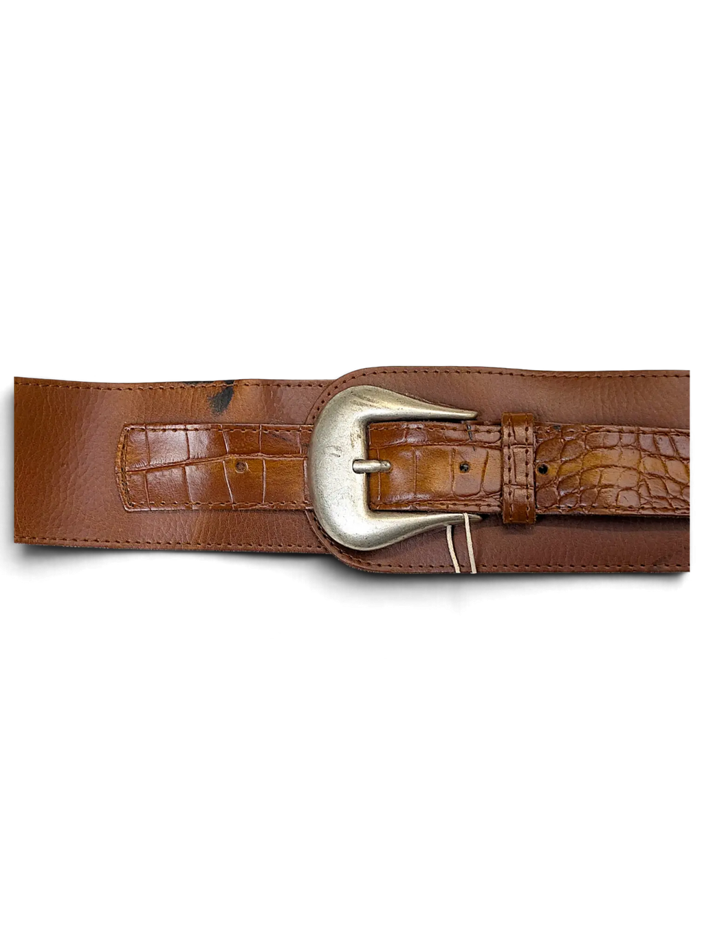 JAKE & IPI wide brown leather belt featuring a crocodile-embossed texture and a large silver-tone metal buckle.