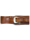 JAKE & IPI wide brown leather belt featuring a crocodile-embossed texture and a large silver-tone metal buckle.