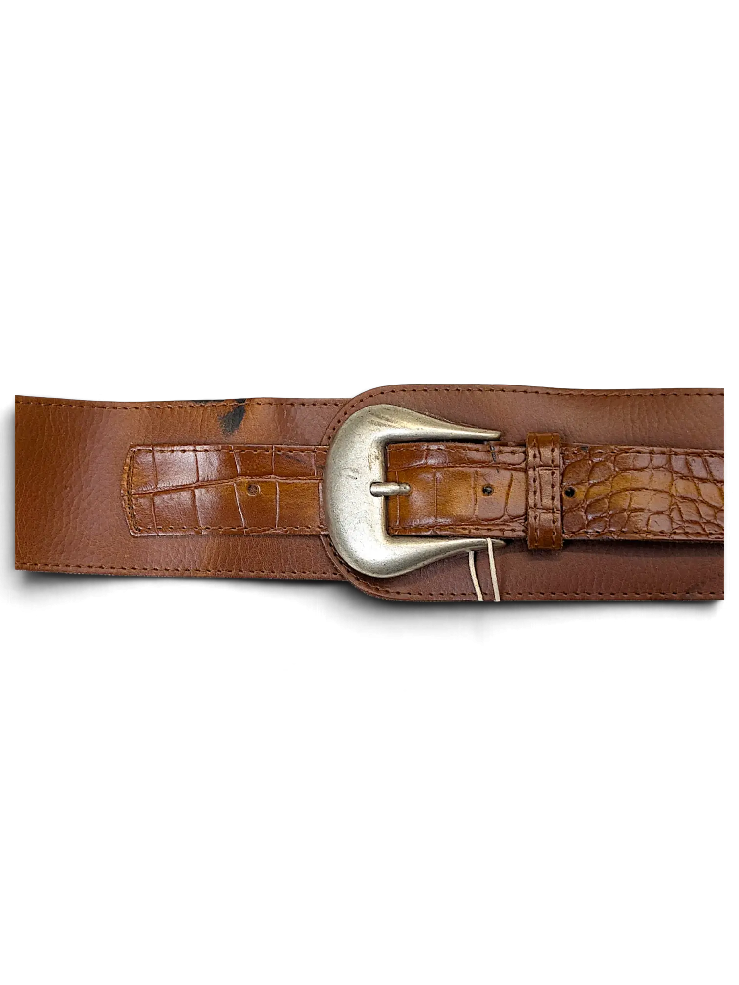 JAKE & IPI wide brown leather belt featuring a crocodile-embossed texture and a large silver-tone metal buckle.