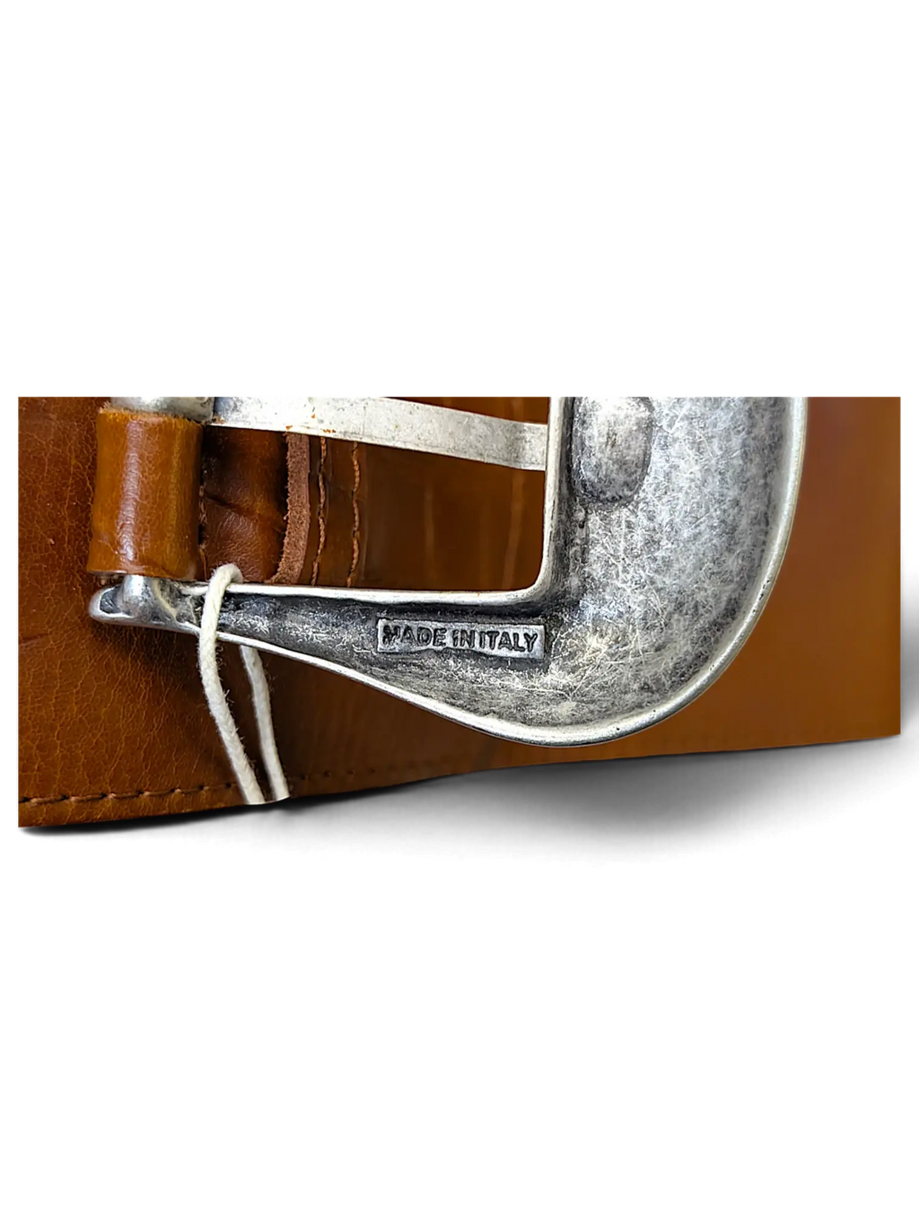 JAKE & IPI wide brown leather belt featuring a distressed silver-tone metal buckle with Made in Italy engraving