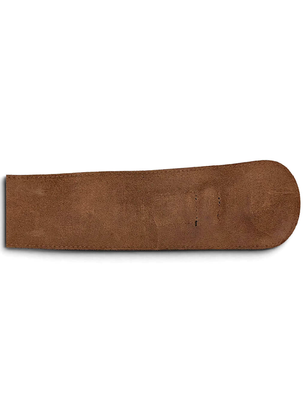 JAKE & IPI wide brown suede leather belt strap with a rounded end and visible texture