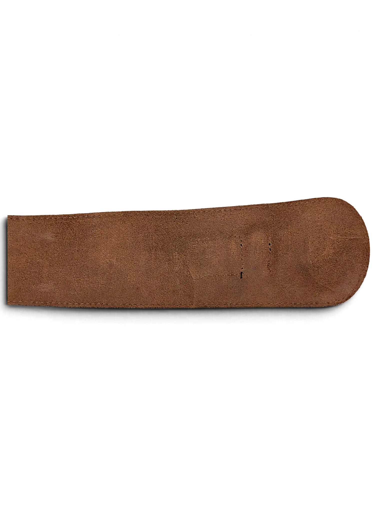 JAKE & IPI wide brown suede leather belt strap with a rounded end and visible texture