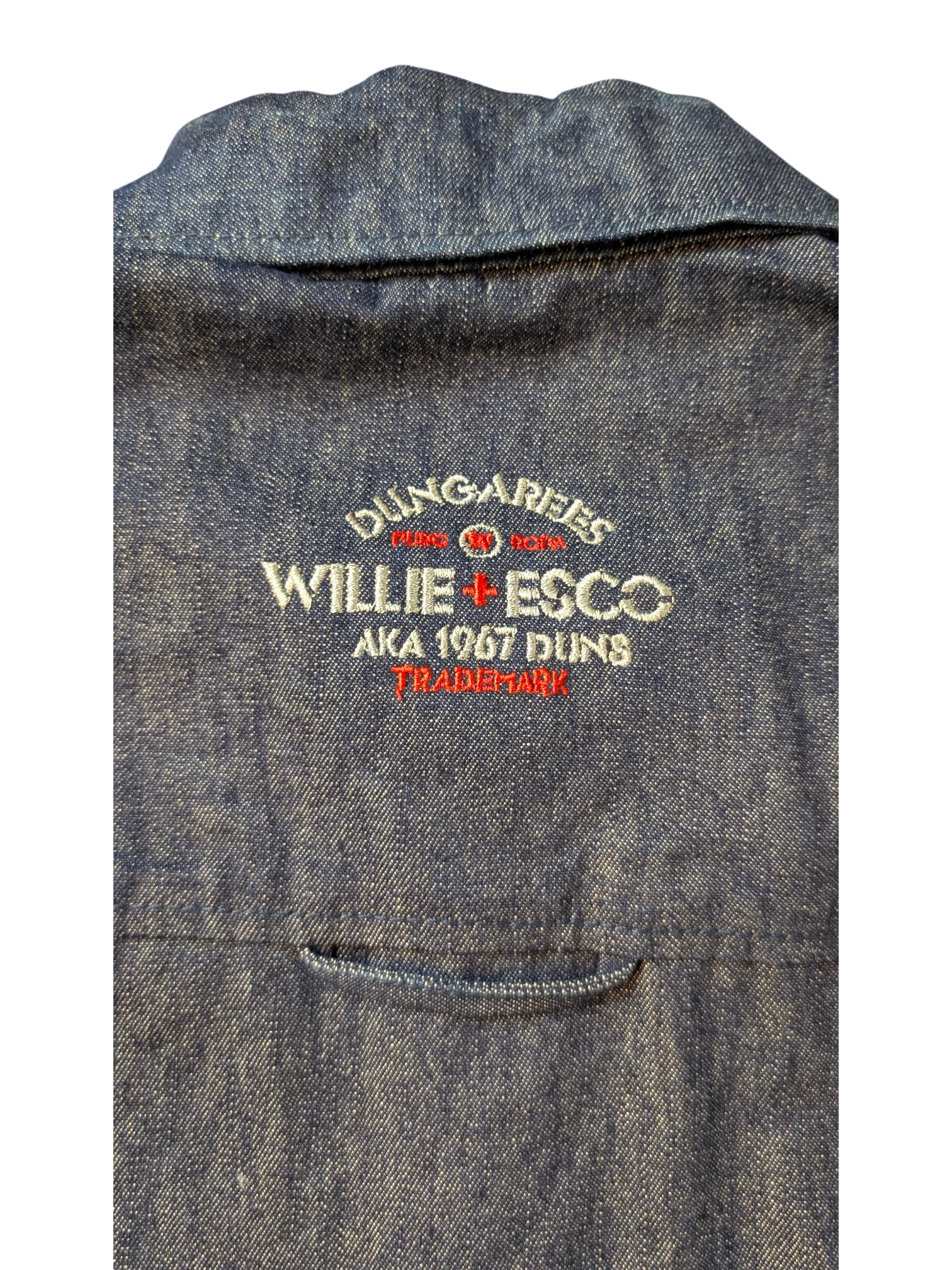 JAKE & IPI Willie Esco denim jacket with embroidered logo and pocket detail.