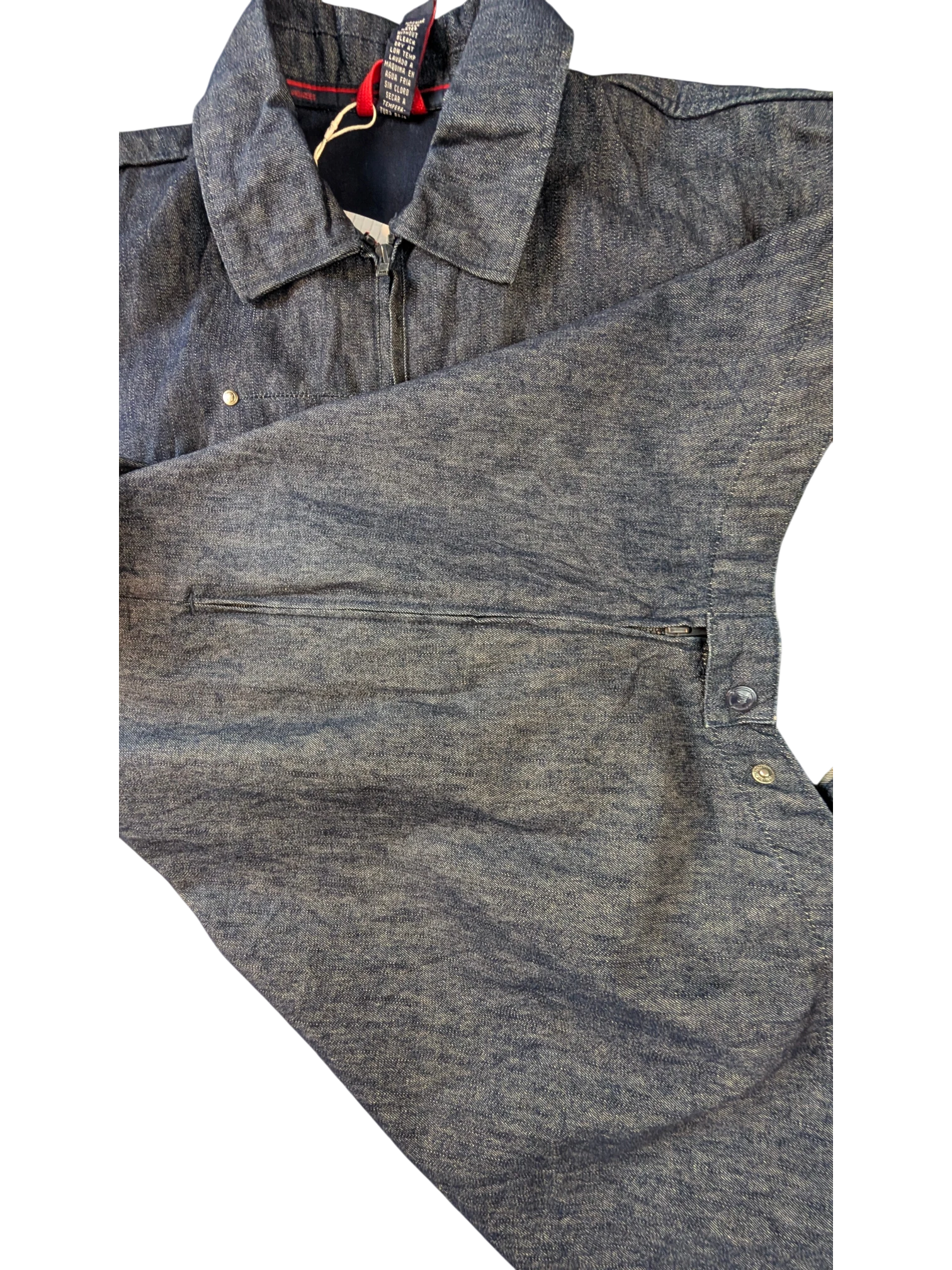 JAKE & IPI Willie Esco denim jacket in a medium blue wash with a zip-up front and button details.